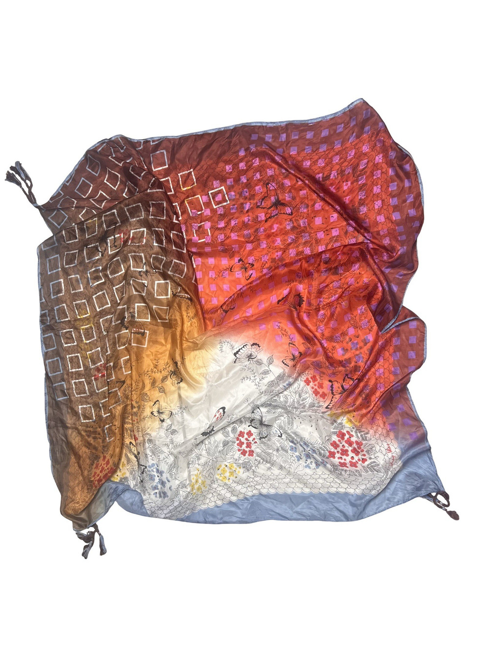 Johnny Was Silk Scarf Butterflies Boho Wrap Tassel Large Shawl Multicolor 43x42